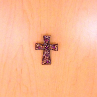 7006COP-PUR PURPLE CRYSTAL / SMALL COPPER WALL CROSS / W HOOK